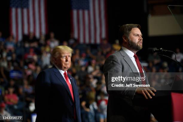 Republican Senate candidate JD Vance and former President Donald Trump speak at a Save America Rally to support Republican candidates running for...