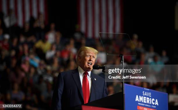 Former President Donald Trump speaks at a Save America Rally to support Republican candidates running for state and federal offices in the state at...