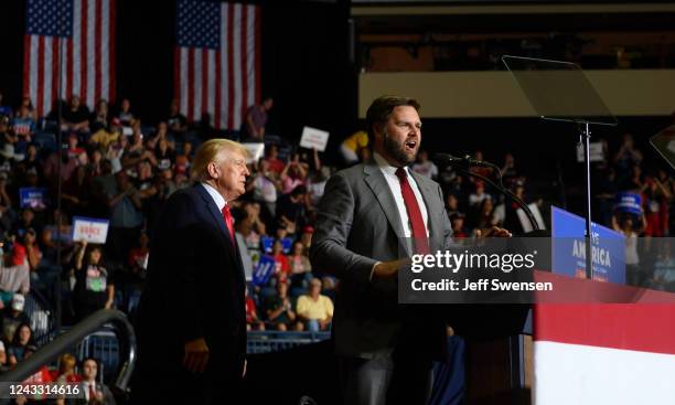 Republican Senate candidate JD Vance and former President Donald Trump speak at a Save America Rally to support Republican candidates running for...