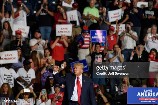 Former President Donald Trump speaks at a Save America Rally to support Republican candidates running for state and federal offices in the state of...