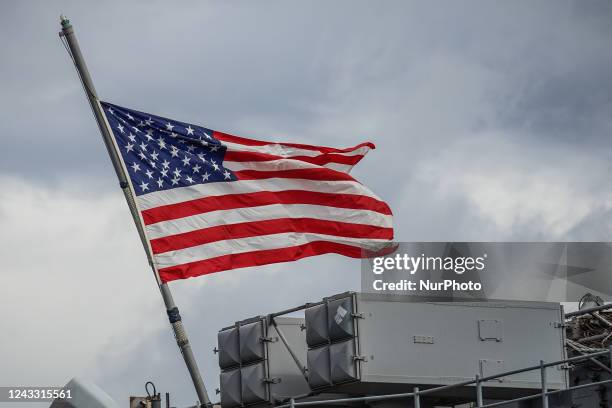 Flag on the wind on board the Wasp-class amphibious assault ship of the United States Navy USS Kearsarge is seen in Gdynia, Poland on 17 September...