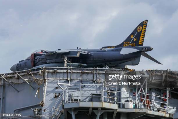 Harrier jet serving in the Marine Attack Squadron 542 on board the Wasp-class amphibious assault ship of the United States Navy USS Kearsarge is seen...