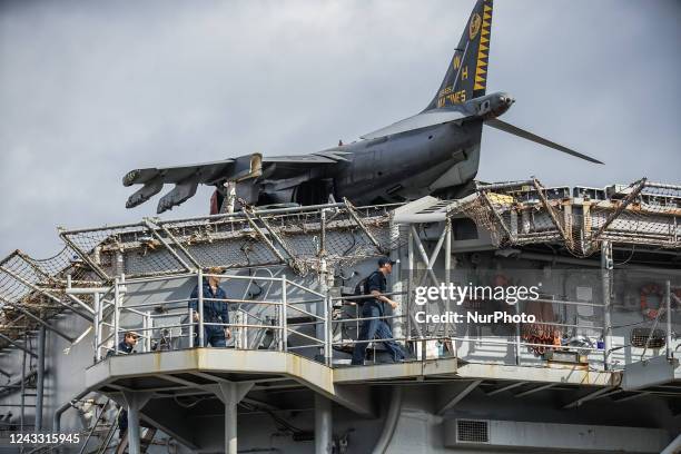 Harrier jet serving in the Marine Attack Squadron 542 on board the Wasp-class amphibious assault ship of the United States Navy USS Kearsarge is seen...