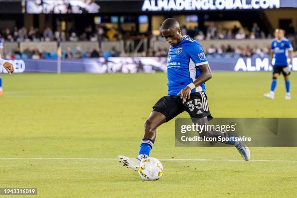 San Jose Earthquakes midfielder Jamiro Monteiro drives the ball into the box during the MLS professional mens soccer game between FC Dallas and the...