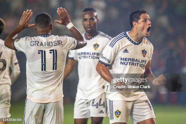 Javier Hernández of Los Angeles Galaxy celebrates his first half goal during the match against Colorado Rapids at the Dignity Health Sports Park on...