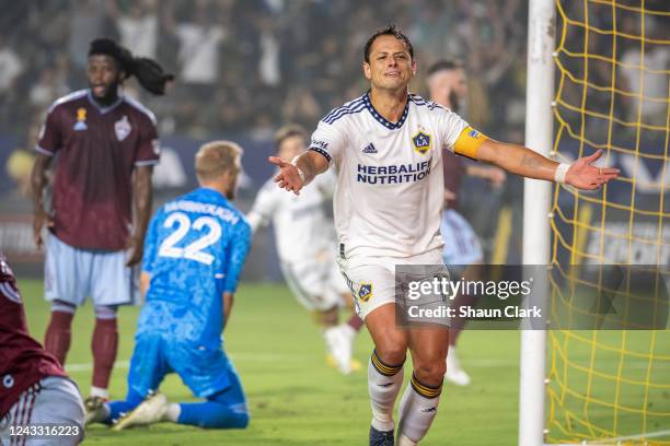 Javier Hernández of Los Angeles Galaxy celebrates his first half goal during the match against Colorado Rapids at the Dignity Health Sports Park on...
