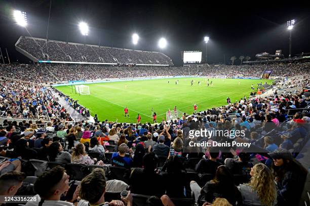 Fans cheer during the first half of an NWSL womens soccer game between the Angel Ctiy FC and the San Diego Wave FC September 17, 2022 at Snapdragon...
