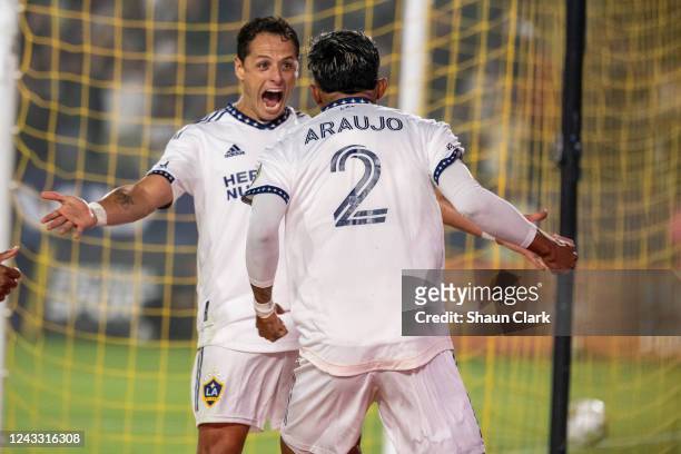 Javier Hernández of Los Angeles Galaxy celebrates his first half goal with Julian Araujo during the match against Colorado Rapids at the Dignity...