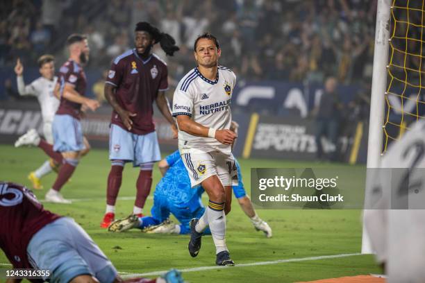 Javier Hernández of Los Angeles Galaxy celebrates his first half goal during the match against Colorado Rapids at the Dignity Health Sports Park on...