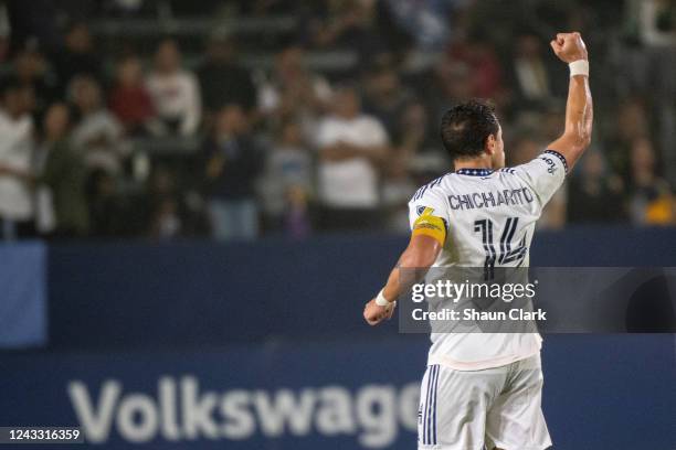 Javier Hernández of Los Angeles Galaxy celebrates his first half goal during the match against Colorado Rapids at the Dignity Health Sports Park on...