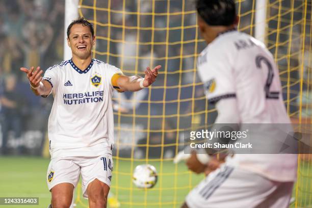 Javier Hernández of Los Angeles Galaxy celebrates his first half goal with Julian Araujo during the match against Colorado Rapids at the Dignity...