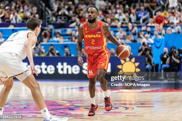 Lorenzo Brown of Spain and Franz Wagner of Germany seen in action during the semifinal of the FIBA Eurobasket 2022 between Spain and Germany at...