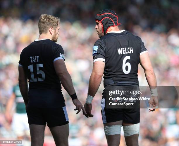 Newcastle Falcons's Alex Tait and \Will Welch during the Gallagher Premiership Rugby match between Leicester Tigers and Newcastle Falcons at Mattioli...