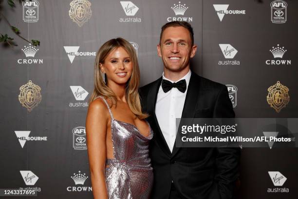 Joel Selwood of the Cats and wife Britt arrive during the 2022 Brownlow Medal at Crown Palladium on September 18, 2022 in Melbourne, Australia.