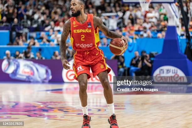 Lorenzo Brown of Spain plays against Germany during the semifinal of the FIBA Eurobasket 2022 between Spain and Germany at Mercedes Benz arena. Final...