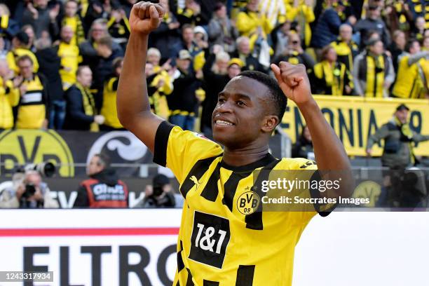 Youssoufa Moukoko of Borussia Dortmund celebrates 1-0 during the German Bundesliga match between Borussia Dortmund v Schalke 04 at the Signal Iduna...