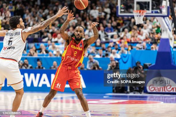Lorenzo Brown of Spain and Nick Weiler-Babb of Germany seen in action during the semifinal of the FIBA Eurobasket 2022 between Spain and Germany at...