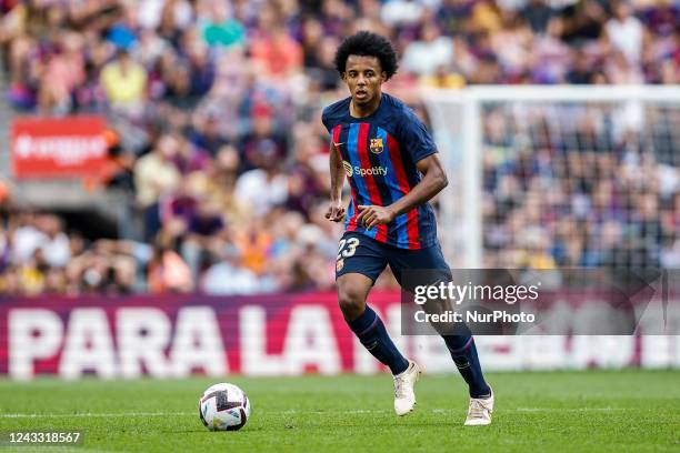 Jules Kounde of FC Barcelona controls the ball during the La Liga match between FC Barcelona and Elche CF at Spotify Camp Nou Stadium in Barcelona,...