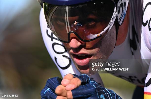 Spain's Oier Lazkano Lopez competes in the men's individual elite time trial cycling event at the UCI 2022 Road World Championship in Wollongong on...