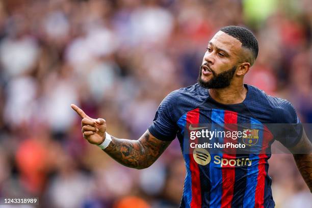Memphis Depay of FC Barcelona celebrates after scoring a goal during the La Liga match between FC Barcelona and Elche CF at Spotify Camp Nou Stadium...