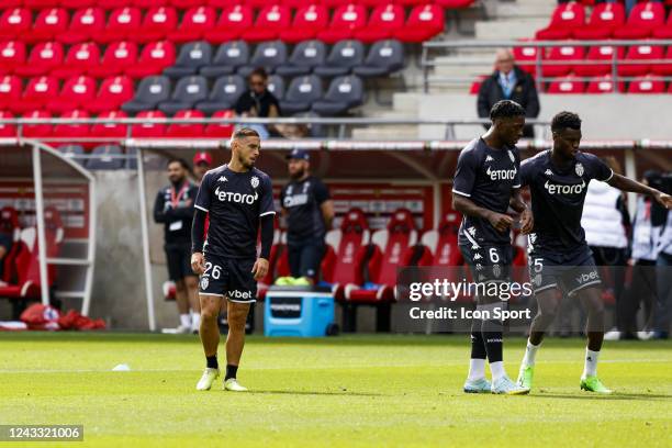 Benoit BADIASHILE - 06 Axel DISASI - 26 Ruben AGUILAR during the Ligue 1 Uber Eats match between Reims and Monaco at Stade Auguste Delaune on...