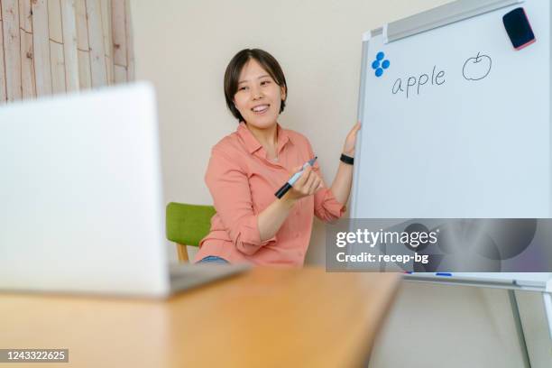 自宅でラップトップを介してオンラインで教える教師 - 日本人　英語 ストックフォトと画像