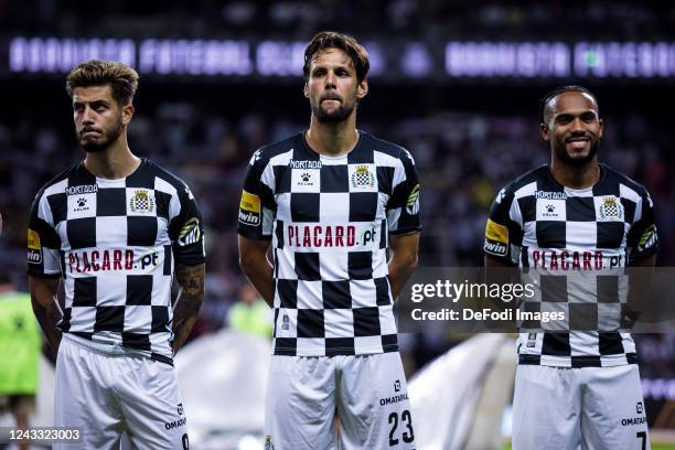 Bruno Lourenço of Boavista FC, Vincent Sasso of Boavista FC and Kenji Gorre of Boavista FC look on during the Liga Portugal Bwin match between...