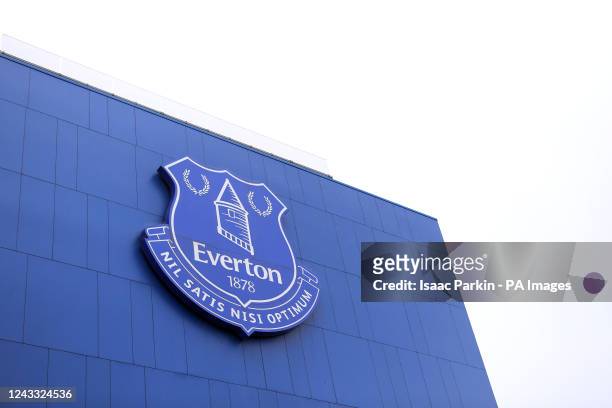 General view of an Everton crest on the side of the stadium during the Premier League match at Goodison Park, Liverpool. Picture date: Sunday...