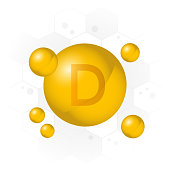 Vitamin D icon. Golden bubble on hexagon background. Vector