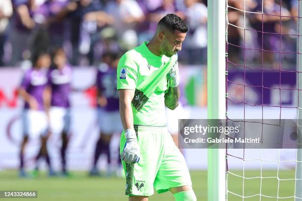 Lorenzo Montipo' goalkeeper of Hellas Verona shows hid dejection during the Serie A match between ACF Fiorentina and Hellas Verona at Stadio Artemio...