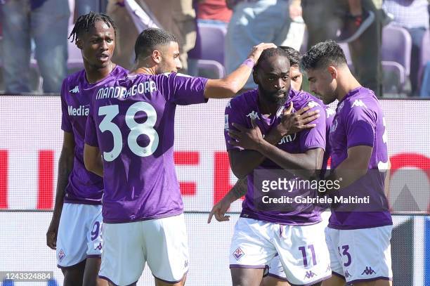 Jonathan Ikoné Nanitamo of ACF Fiorentina celebrates after scoring a goal during the Serie A match between ACF Fiorentina and Hellas Verona at Stadio...