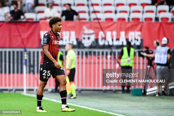 Nice's French defender Jean-Clair Todibo leaves the football pitch after receiving a red card during the French L1 football match between OGC Nice...