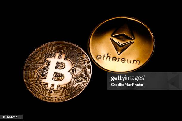 Representation of Bitcoin and Ethereum cryptocurrencies are seen in this illustration photo taken in Krakow, Poland on September 18, 2022.