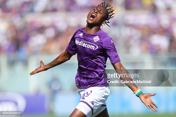 Christian Michael Kouakou Kouamé of ACF Fiorentina reacts during the Serie A match between ACF Fiorentina and Hellas Verona at Stadio Artemio Franchi...