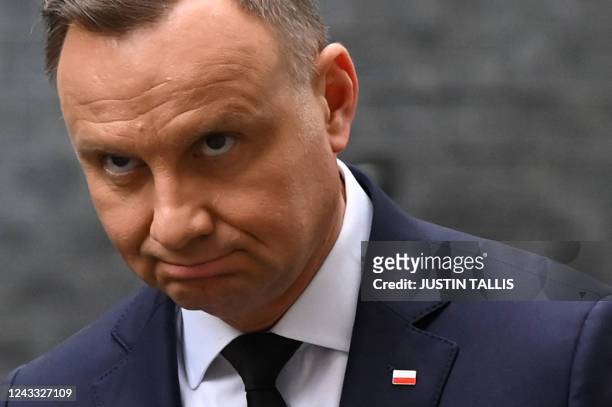 Poland's President Andrzej Duda arrives for a meeting at 10 Downing Street in central London on September 18, 2022. Britain was gearing up Sunday for...