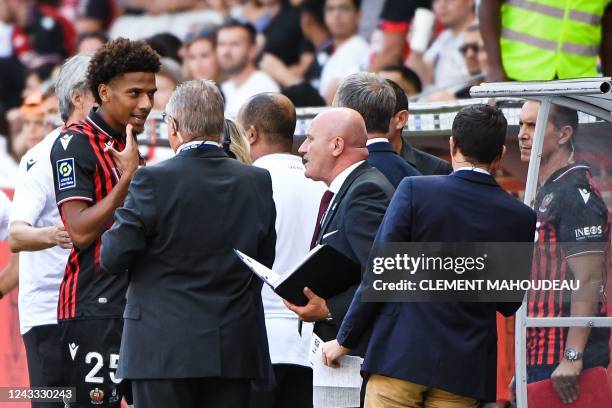 Nice's French defender Jean-Clair Todibo reacts after he received a red card during the French L1 football match between OGC Nice and SCO Angers at...