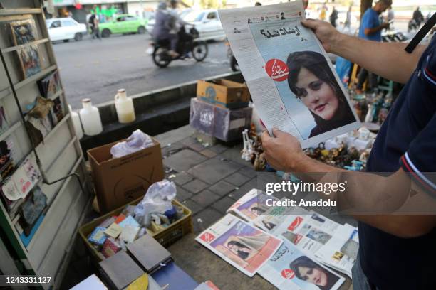 View of Iranian newspapers with headlines of the death of 22 years old Mahsa Amini who died after being arrested by morality police allegedly not...