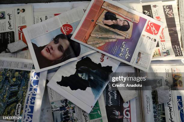 View of Iranian newspapers with headlines of the death of 22 years old Mahsa Amini who died after being arrested by morality police allegedly not...