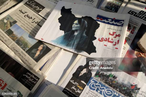 View of Iranian newspapers with headlines of the death of 22 years old Mahsa Amini who died after being arrested by morality police allegedly not...