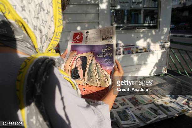 View of Iranian newspapers with headlines of the death of 22 years old Mahsa Amini who died after being arrested by morality police allegedly not...