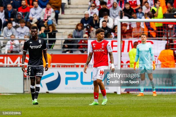 Benoit BADIASHILE - 07 Noah-Jean HOLM during the Ligue 1 Uber Eats match between Reims and Monaco at Stade Auguste Delaune on September 18, 2022 in...