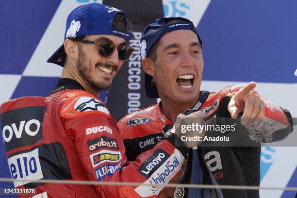 September: Francesco Bagnaia of Italy and Ducati Lenovo Team and Aleix Espargaro of Spain and Aprilia Racing during the race of Gran Premio Animoca...