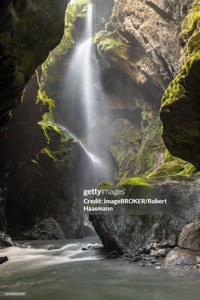 Narrow gorge with waterfall, Wilson Creek, Haast Pass, West Coast, South Island, New Zealand