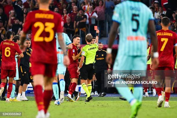 Italian referee Daniele Chiffi gives a red card to AS Roma's Portuguese coach Jose Mourinho during the Italian Serie A football match between AS Roma...