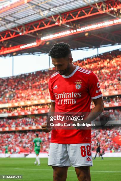 Goncalo Ramos of SL Benfica celebrates scoring SL Benfica second goal during the Liga Portugal Bwin match between SL Benfica and CS Maritimo at...