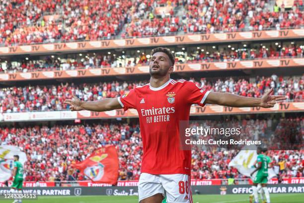 Goncalo Ramos of SL Benfica celebrates scoring SL Benfica second goal during the Liga Portugal Bwin match between SL Benfica and CS Maritimo at...