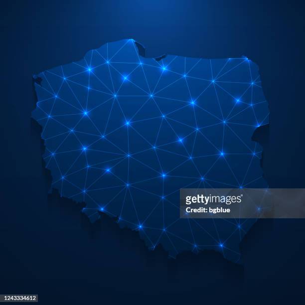 illustrazioni stock, clip art, cartoni animati e icone di tendenza di rete cartografica polonia - mesh luminosa su sfondo blu scuro - polonia