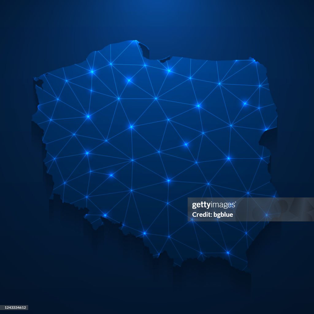 Poland map network - Bright mesh on dark blue background