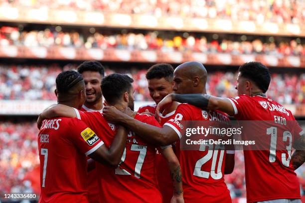 Rafa Silva of SL Benfica celebrates after scoring his team's first goal with teammates during the Liga Portugal Bwin match between SL Benfica and CS...