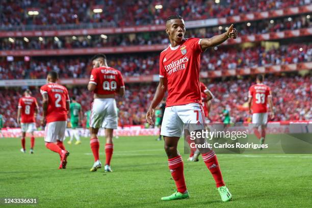 David Neres of SL Benfica celebrates scoring SL Benfica fourth goal during the Liga Portugal Bwin match between SL Benfica and CS Maritimo at Estadio...
